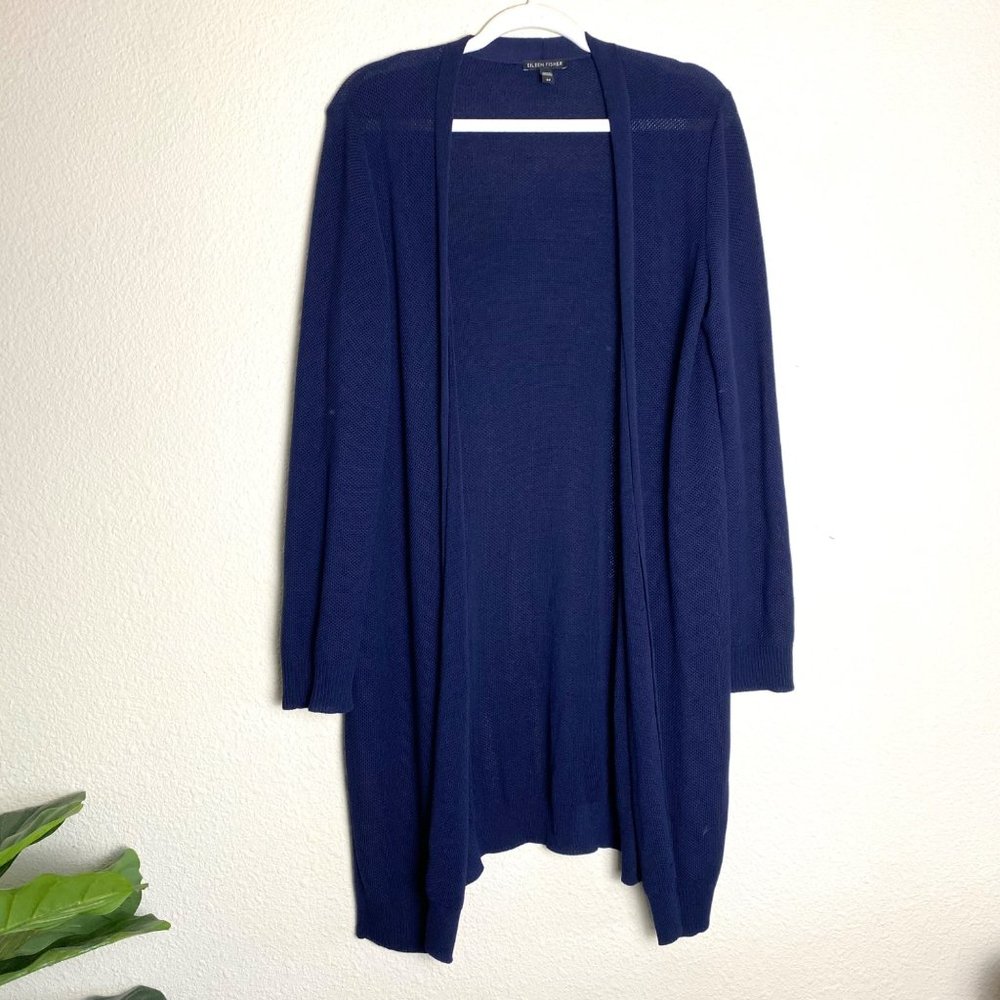 Eileen Fisher Simple Cardi Long Cardigan Waffle Knit Open Front Blue Tencel - Picture 3 of 7